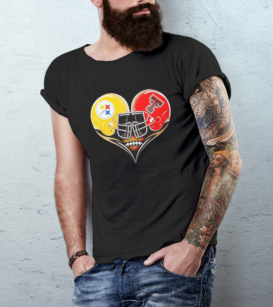 Pittsburgh Steelers Texas Tech Red Raiders Football Helmets Heart T-Shirt