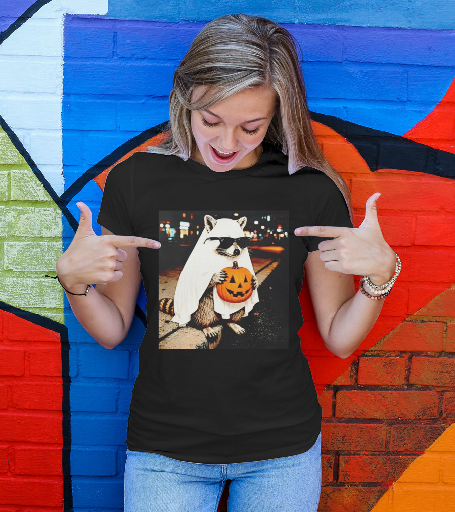 Raccoon Ghost Sunglasses Pumpkin Halloween Street Scene T-Shirt