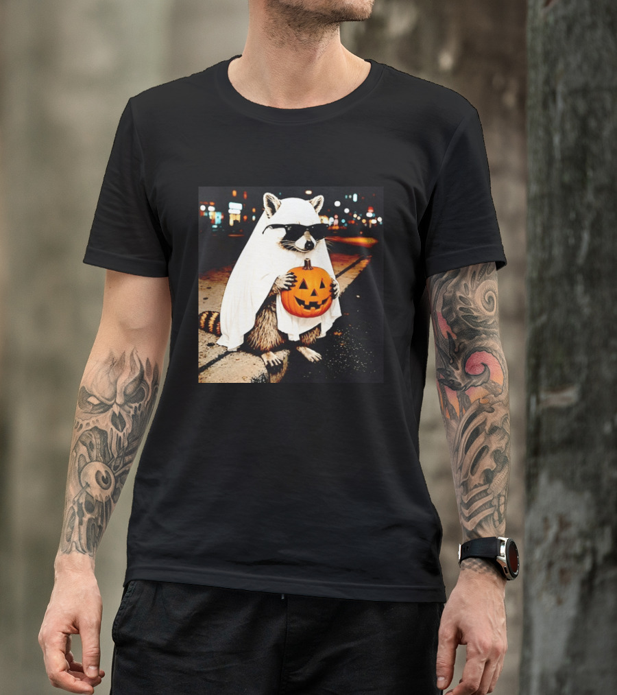 Raccoon Ghost Sunglasses Pumpkin Halloween Street Scene T-Shirt