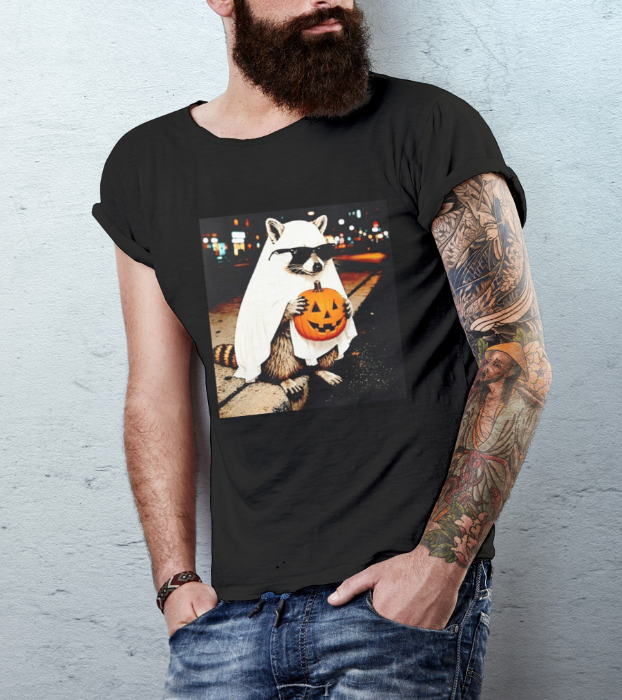 Raccoon Ghost Sunglasses Pumpkin Halloween Street Scene T-Shirt