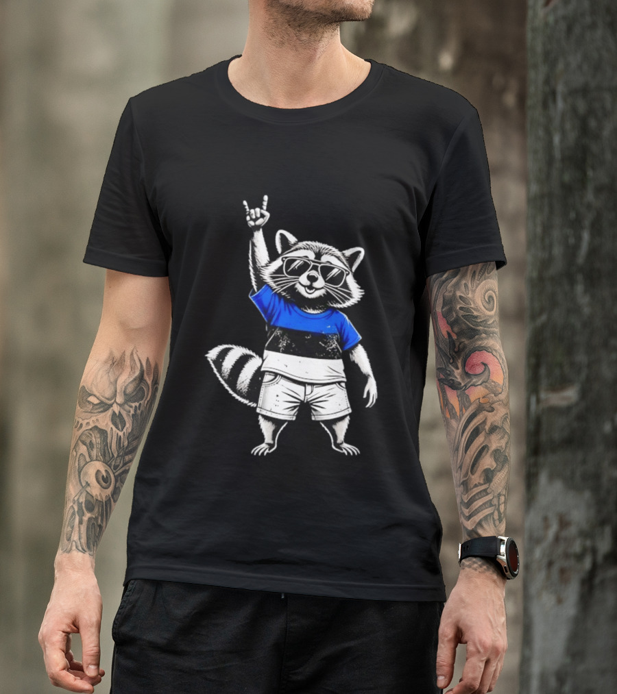 Rocking Raccoon Estonia Flag Style With Sunglasses And Hand Gesture T-Shirt
