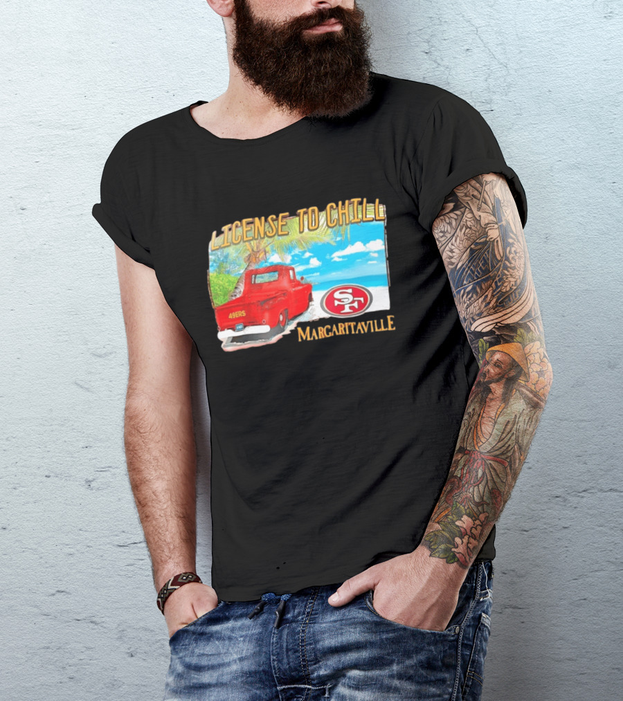 San Francisco 49ers License To Chill Margaritaville Beach Scene Vintage Truck T-Shirt