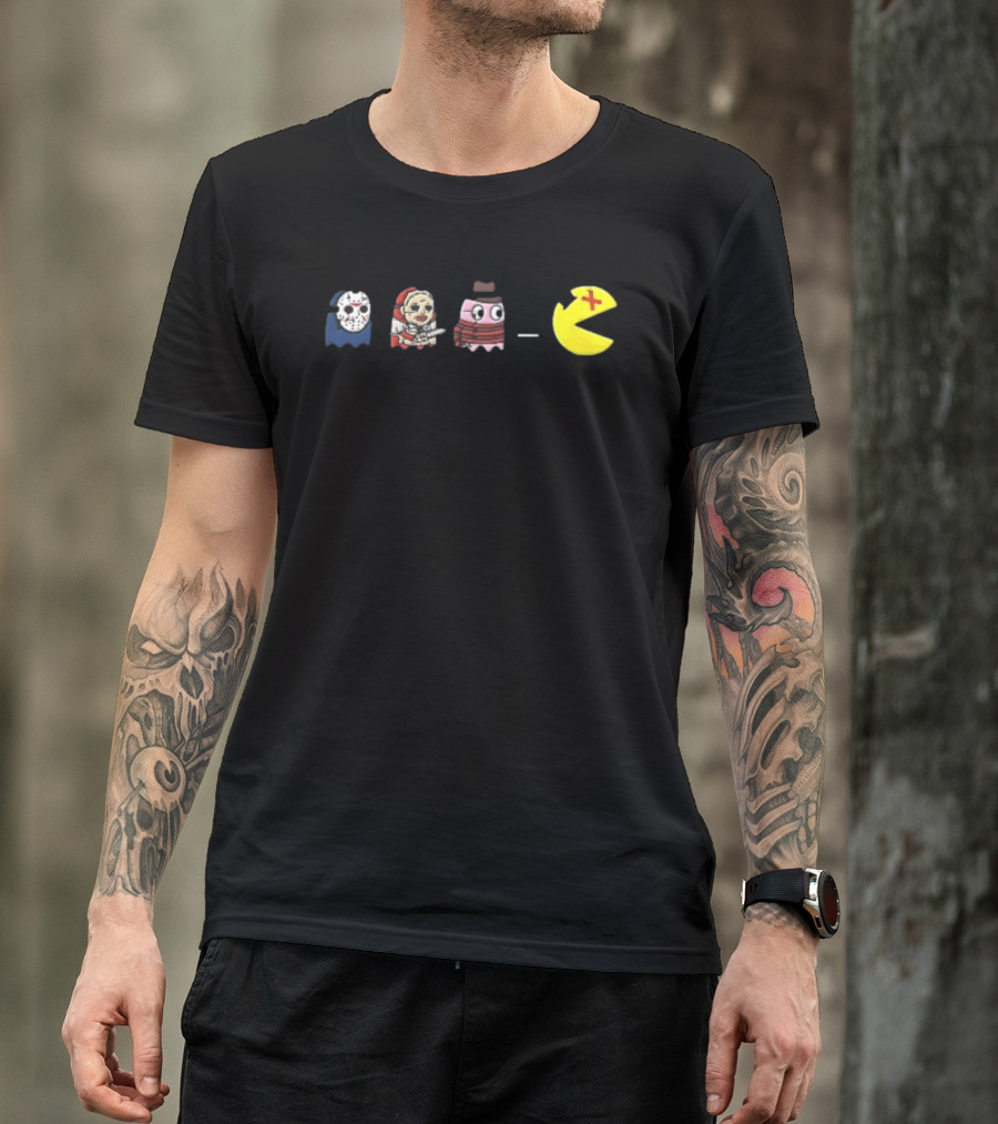 Horror Movie Ghosts Jason Freddy Chasing Stabbed Pac Man T-Shirt