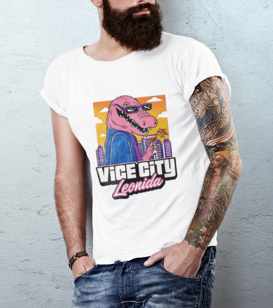 Vice City Leonida Pink Alligator Sunglasses Cocktail Cityscape T-Shirt