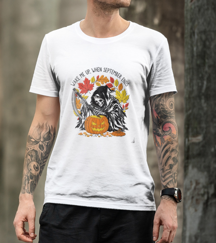 Wake Me Up When September Ends Grim Reaper Carving Jack O Lantern Autumn Leaves T-Shirt