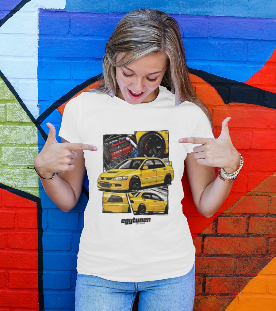 Mitsubishi Egytuner Est 2003 Yellow Lancer Evolution Engine Wheel Panels T-Shirt