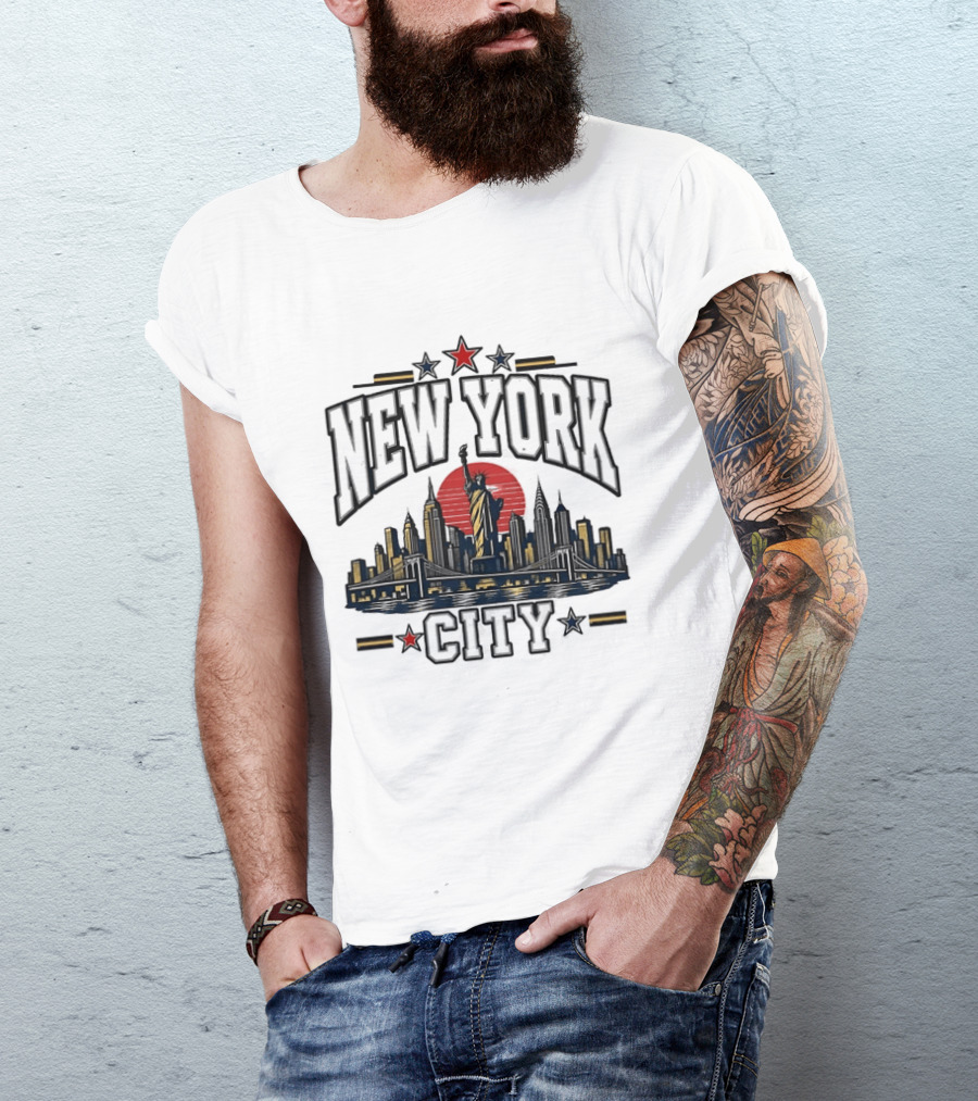 New York City Statue Of Liberty Skyline Red Sun Star Accents T-Shirt