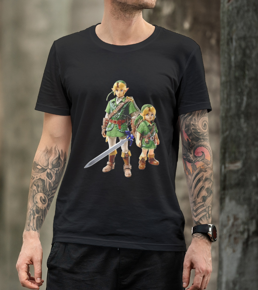 Adult And Young Link Green Tunic Warrior Sword Shield Render T-Shirt