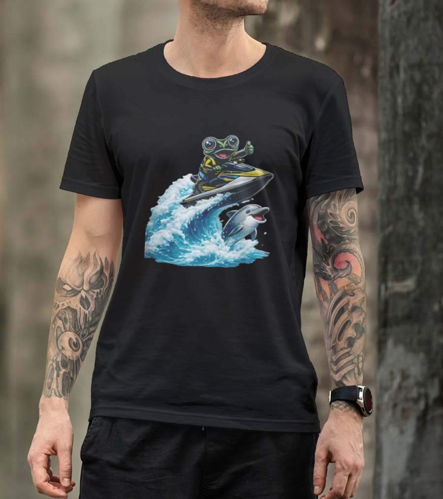Cartoon Frog Thumbs Up Riding Jet Ski With Dolphin On Ocean Wave T-Shirt