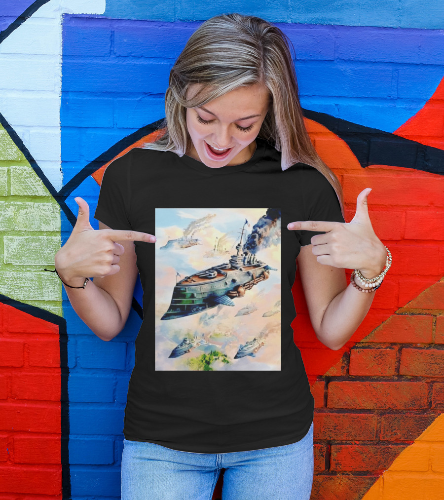 Steampunk Flying Battleship Armada Soaring Through The Clouds T-Shirt