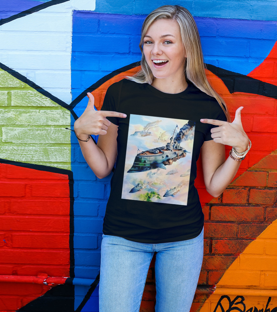 Steampunk Flying Battleship Armada Soaring Through The Clouds T-Shirt