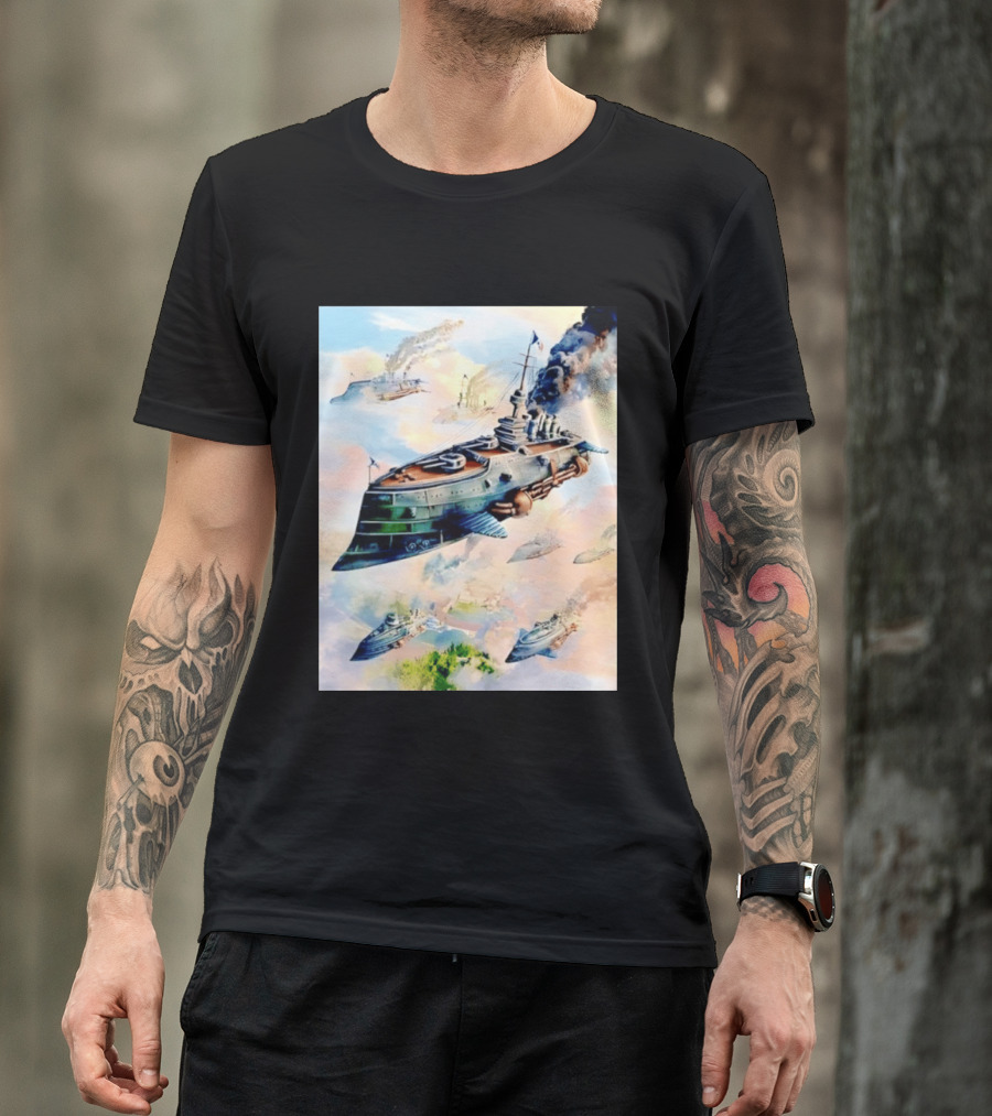 Steampunk Flying Battleship Armada Soaring Through The Clouds T-Shirt