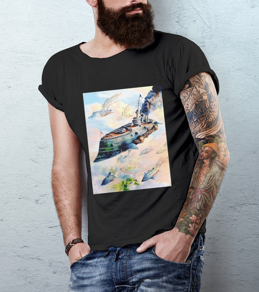 Steampunk Flying Battleship Armada Soaring Through The Clouds T-Shirt