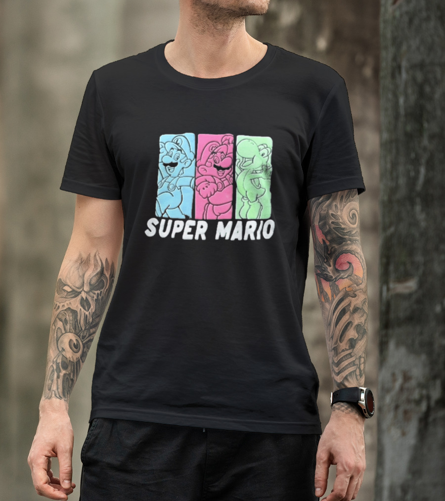 Super Mario Luigi Yoshi Characters Colorful Panels T-Shirt