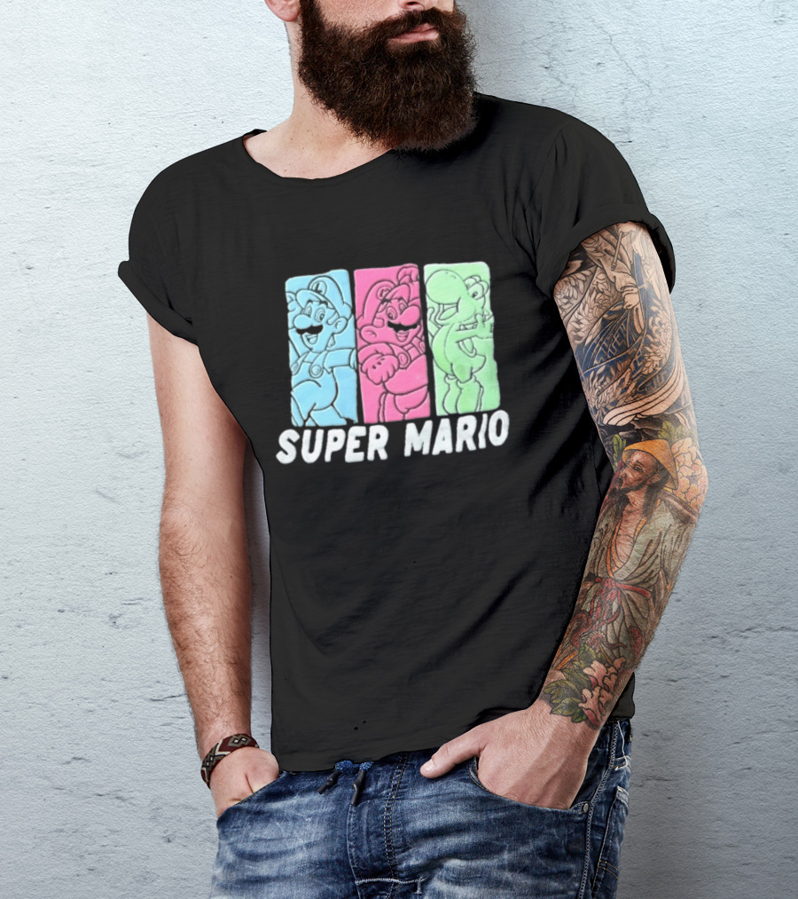 Super Mario Luigi Yoshi Characters Colorful Panels T-Shirt