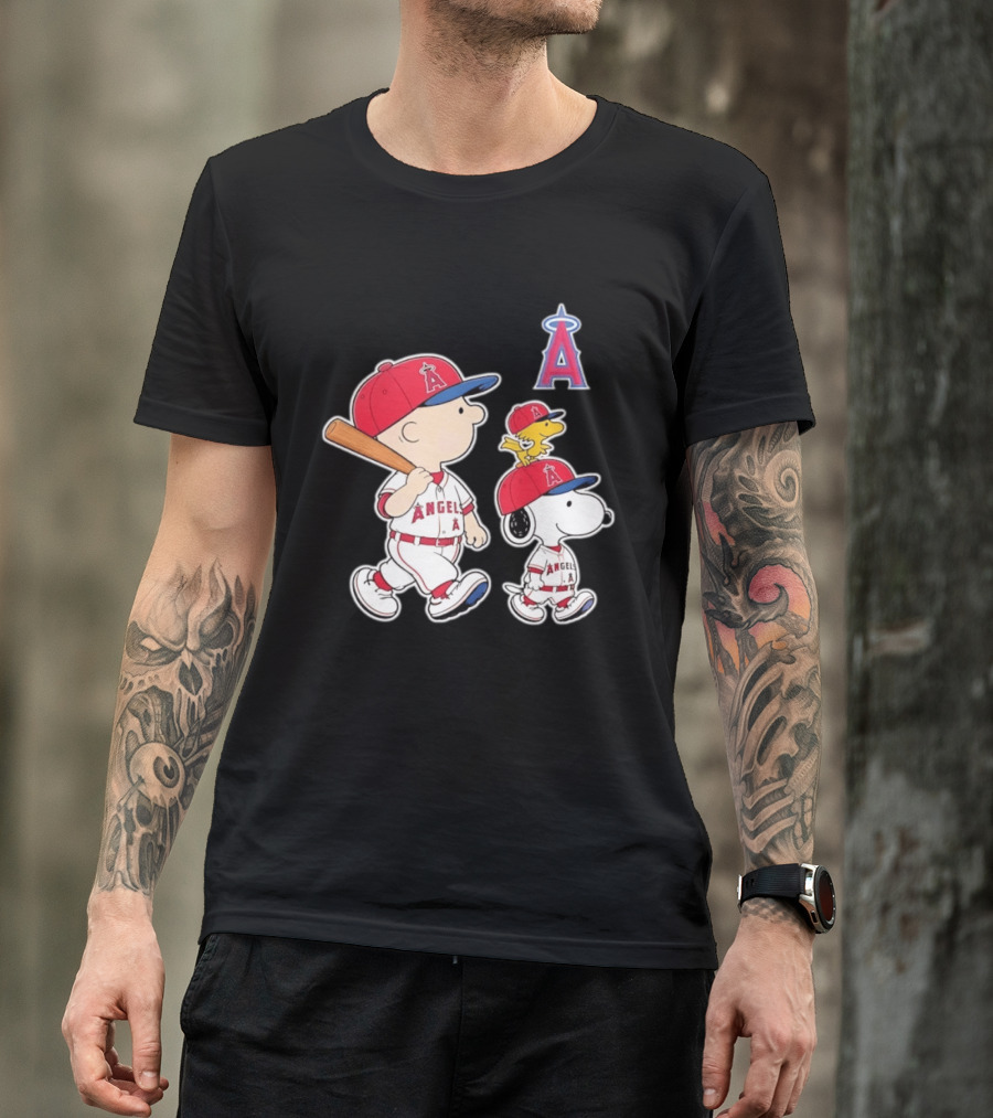 Charlie Brown Snoopy Woodstock Los Angeles Angels Baseball Team T-Shirt