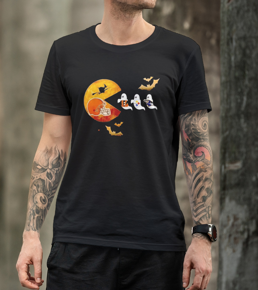 Cleveland Browns Pac Man Vs Bengals Steelers Ravens Halloween Battle T-Shirt
