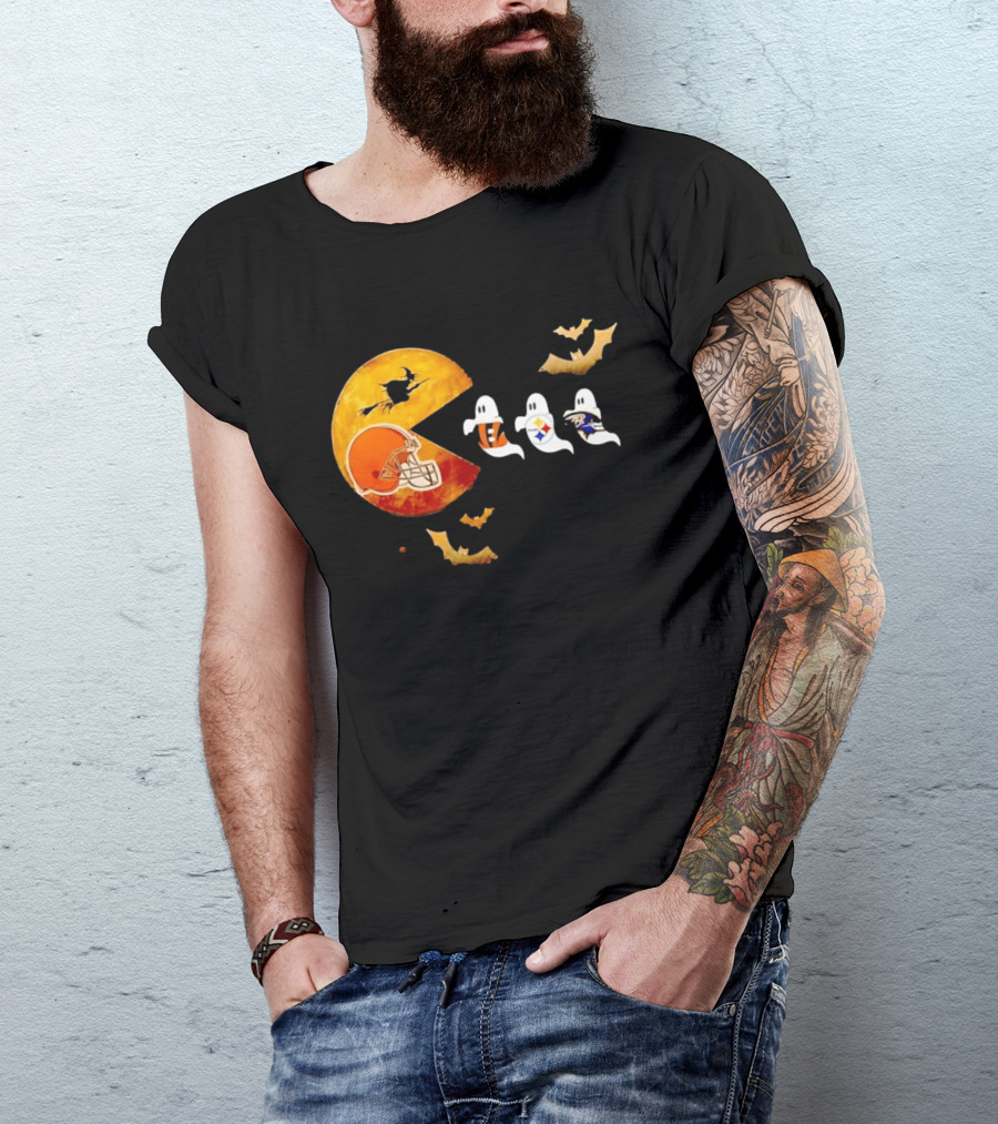 Cleveland Browns Pac Man Vs Bengals Steelers Ravens Halloween Battle T-Shirt