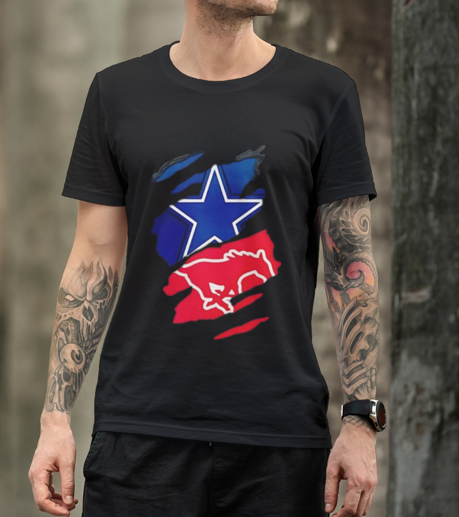 Dallas Cowboys Star And SMU Mustangs Red Ripped Effect T-Shirt