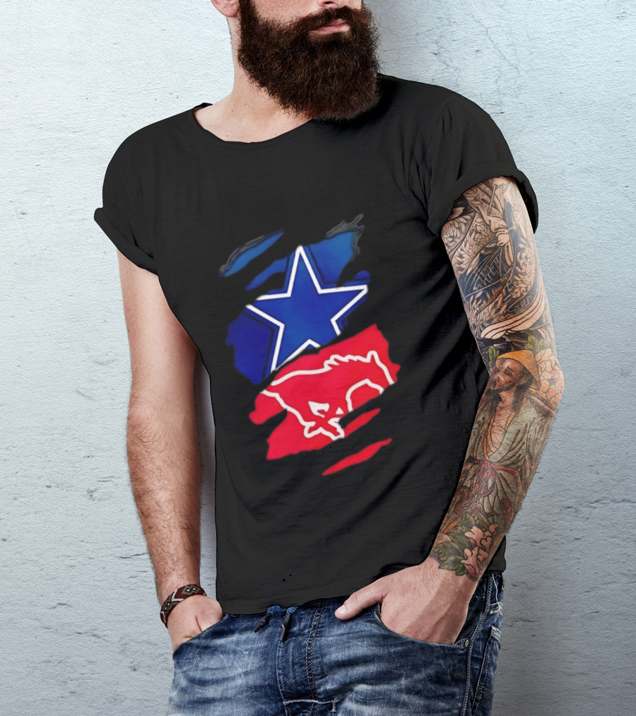 Dallas Cowboys Star And SMU Mustangs Red Ripped Effect T-Shirt