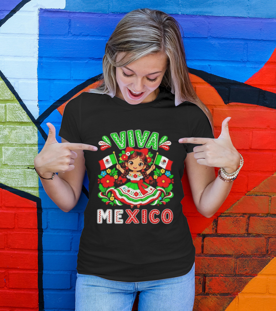 Viva Mexico Traditional Dress Girl With Flags Mexican Celebration T-Shirt
