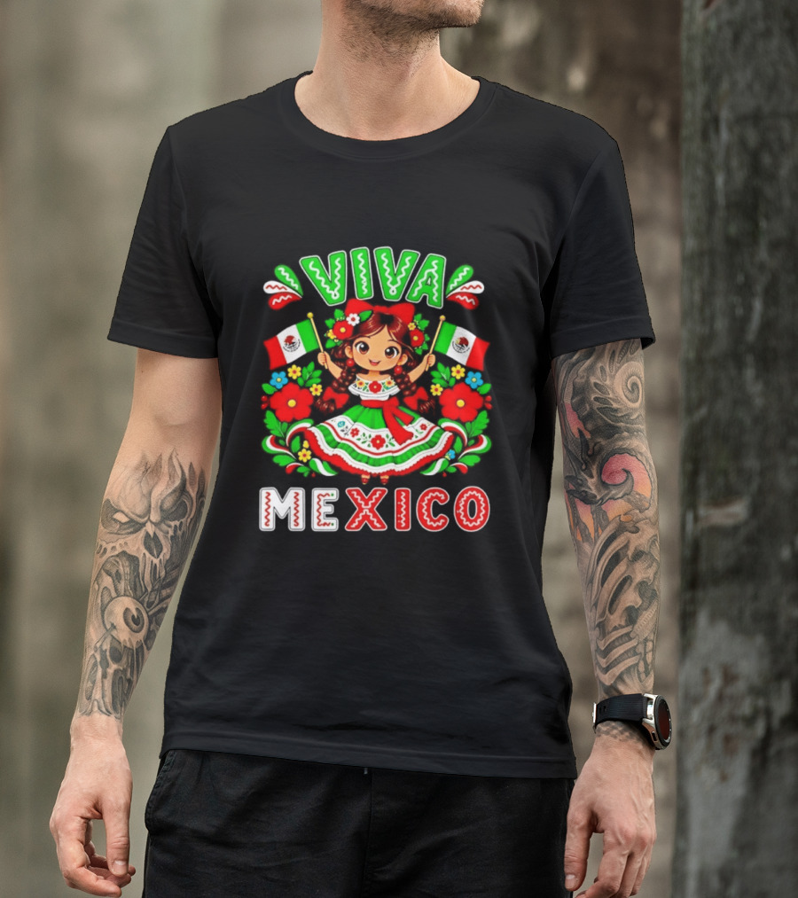 Viva Mexico Traditional Dress Girl With Flags Mexican Celebration T-Shirt