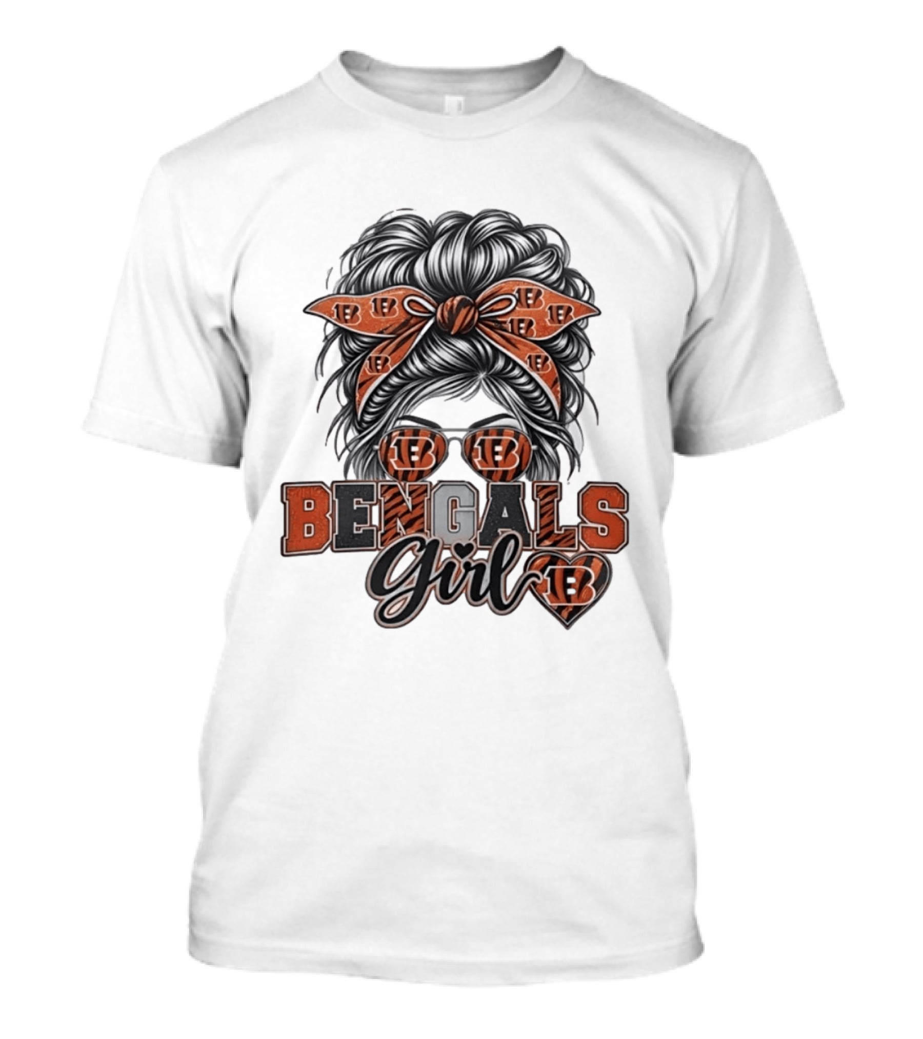 Bengals Girl Messy Bun Fan With Glasses And Bow T-Shirt