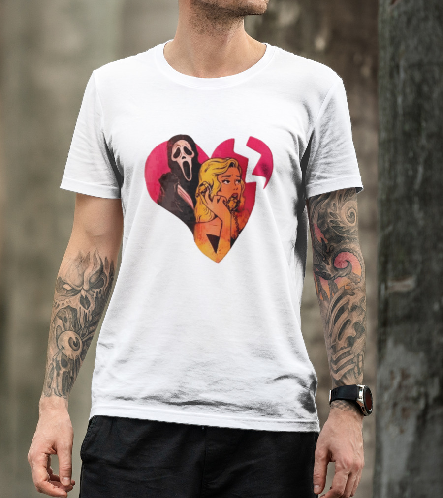 Cartoon Blonde Woman Ghostface Broken Pink Heart Knife Phone T-Shirt