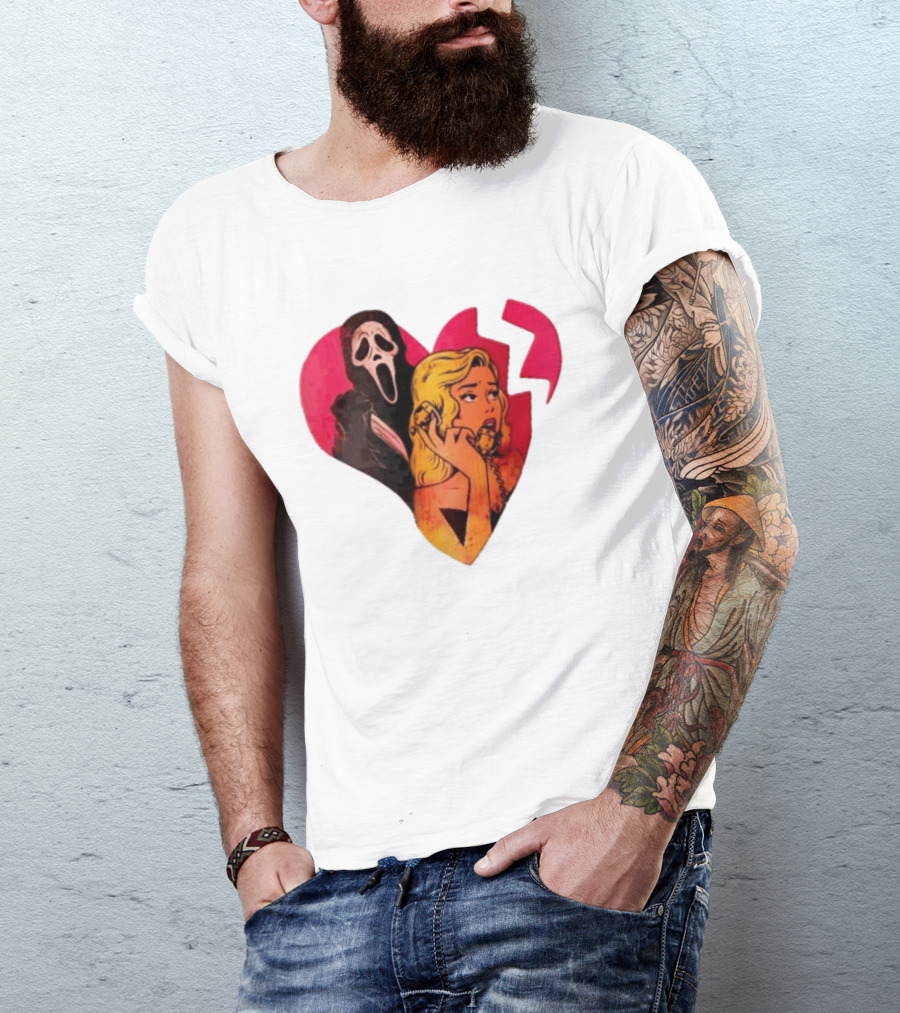 Cartoon Blonde Woman Ghostface Broken Pink Heart Knife Phone T-Shirt
