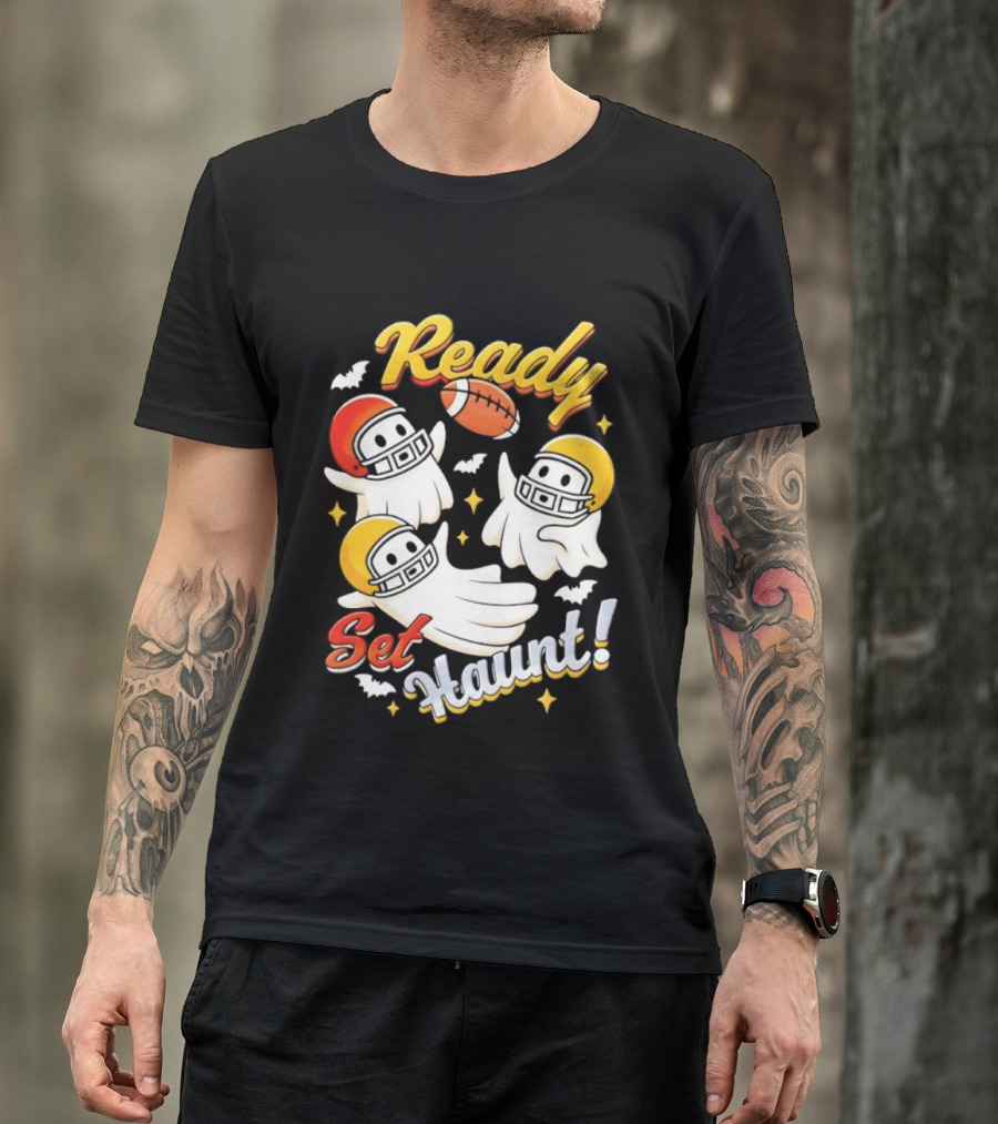Ready Set Haunt Ghosts Football Helmet Halloween T-Shirt