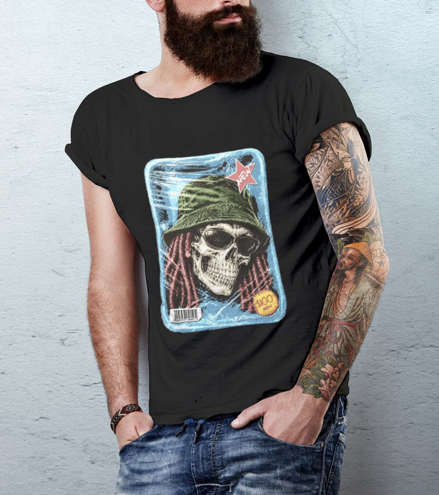 Skull With Dreadlocks Wearing Green Bucket Hat Sunglasses New Star Label T-Shirt