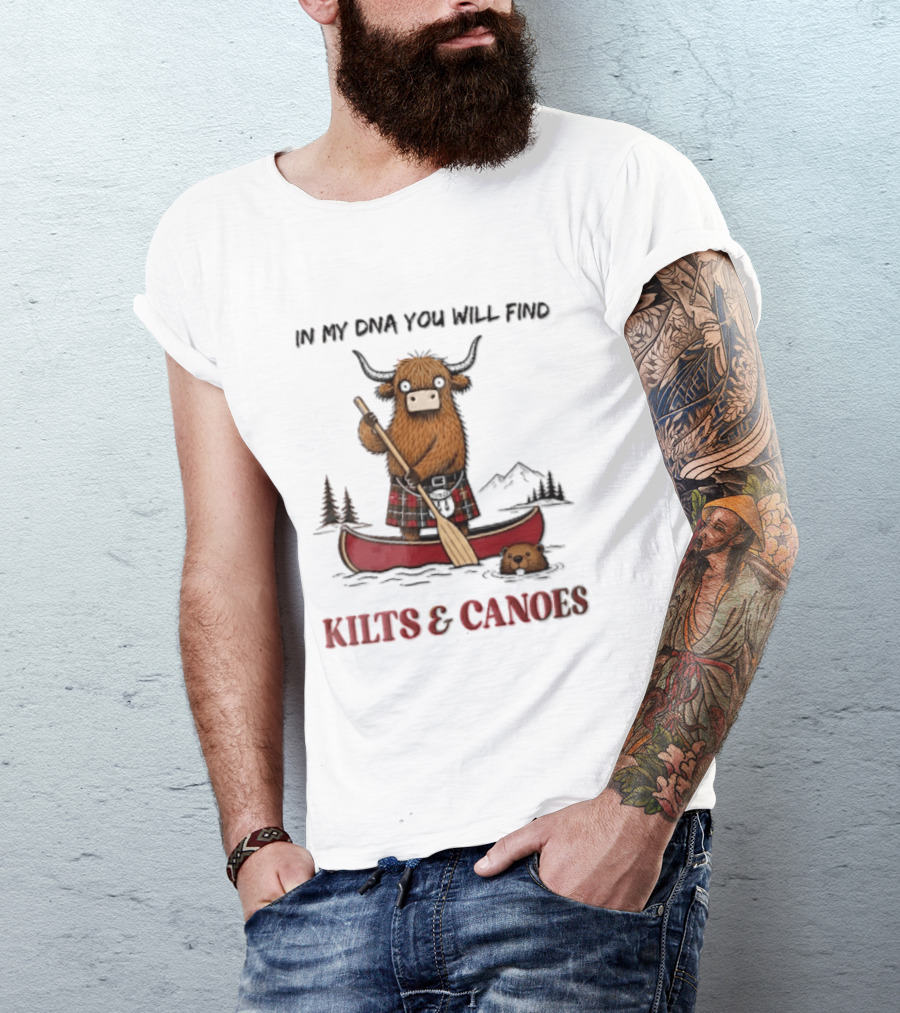In My DNA You Will Find Kilts And Canoes Cartoon Highland Cow Paddling T-Shirt