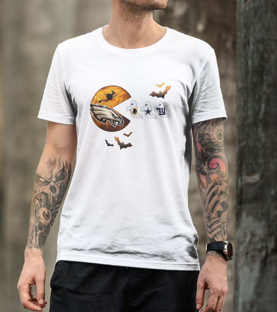 Philadelphia Eagles Pac Man Halloween Washington Commanders Cowboys Giants Ghosts T-Shirt