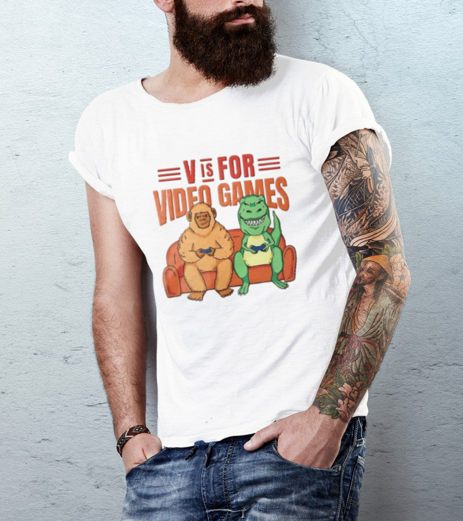 V Is For Video Games Sasquatch Dinosaur Couch Controllers Cartoon T-Shirt