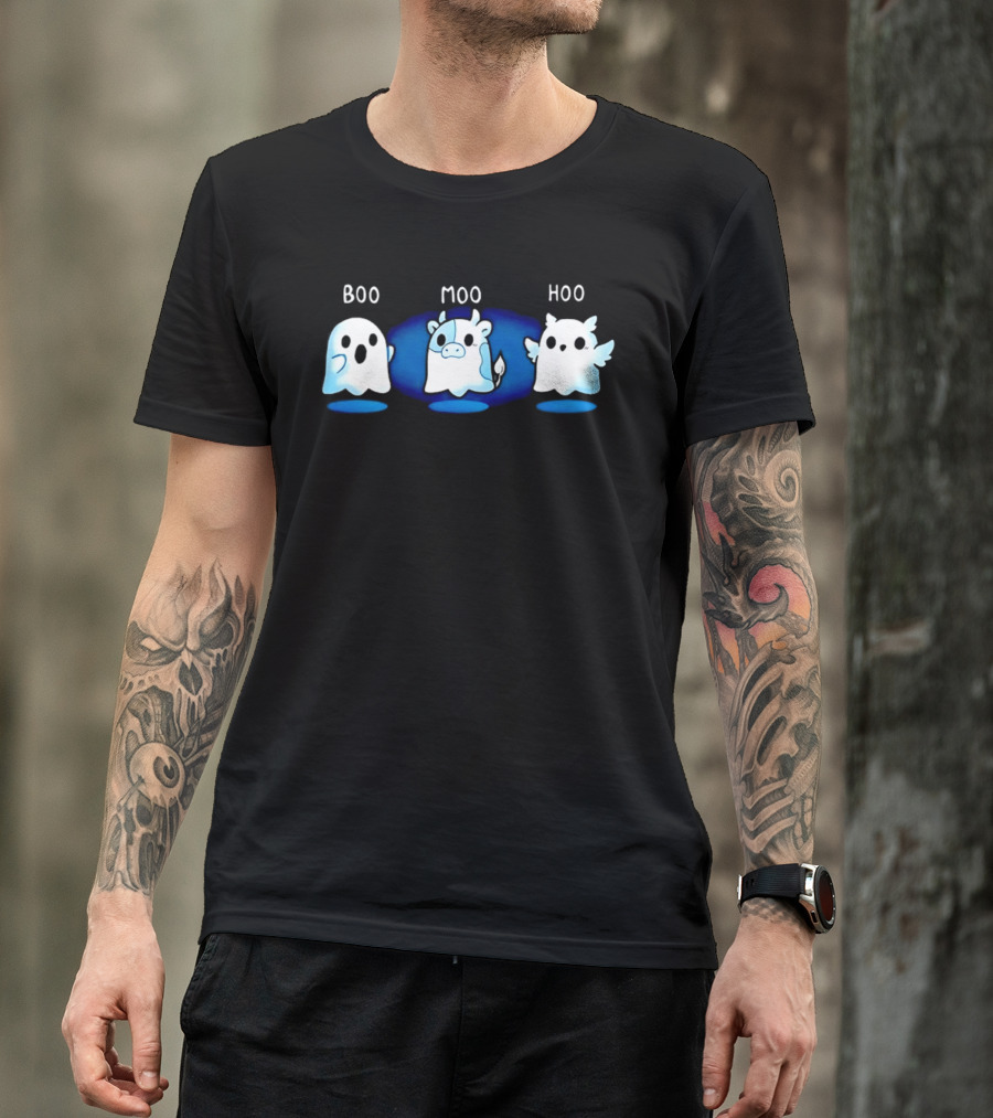 Boo Moo Hoo Halloween Ghost Cow And Owl Fun T-Shirt