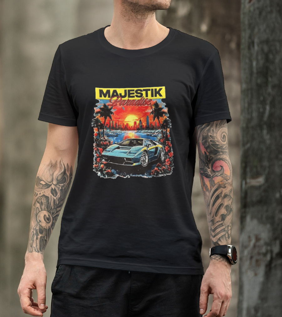 Majestik Paradise Lamborghini Countach Miami Skyline Sunset Beach City T-Shirt
