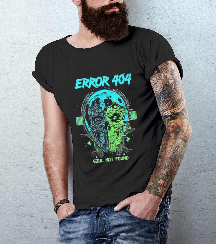 Error 404 Soul Not Found Cyber Skull Glitch Retro Tech Aesthetic T-Shirt