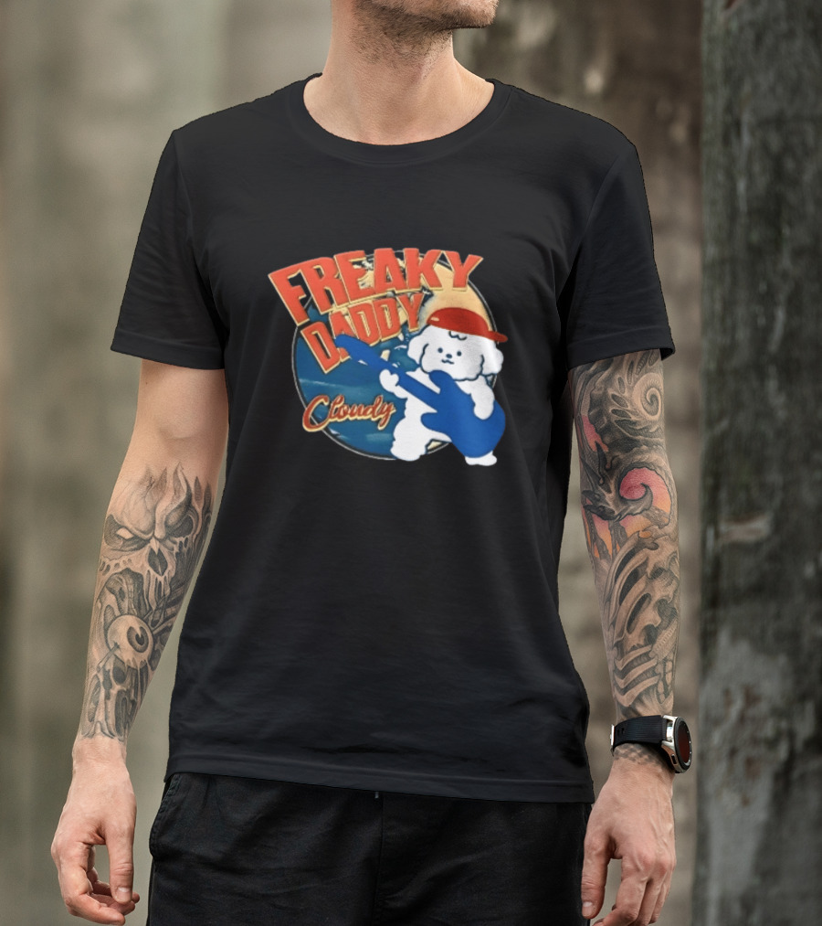 Freaky Daddy Cloudy Cartoon Dog Red Cap Playing Guitar T-Shirt