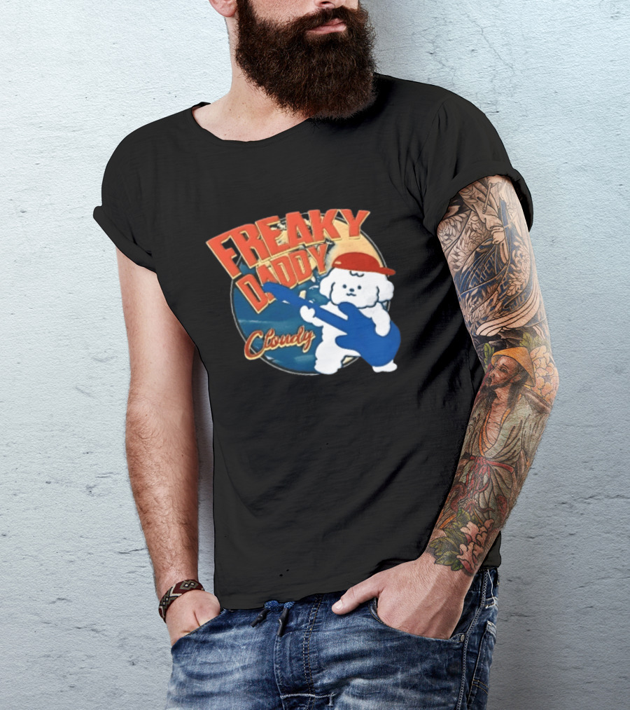 Freaky Daddy Cloudy Cartoon Dog Red Cap Playing Guitar T-Shirt