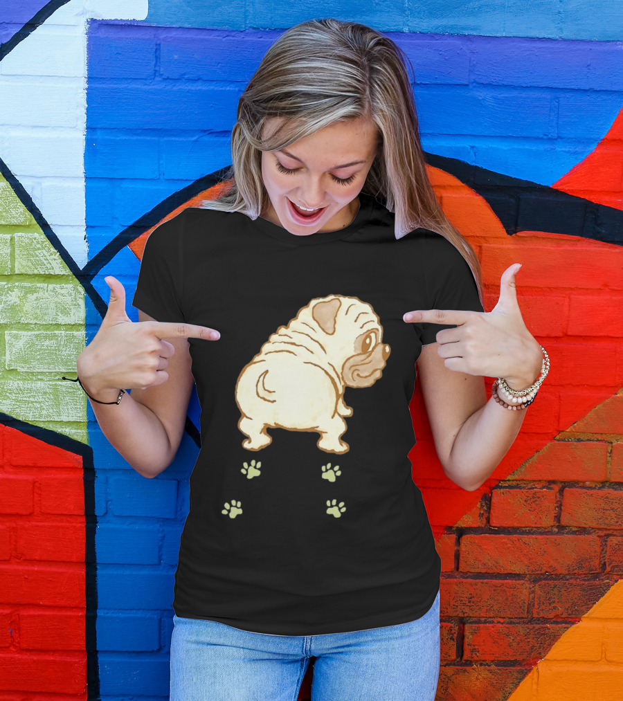 Pug Looking Back With Paw Prints Dog Cute Canine T-Shirt