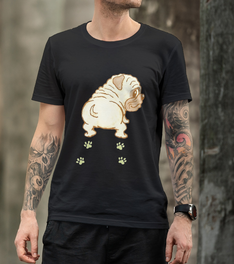 Pug Looking Back With Paw Prints Dog Cute Canine T-Shirt