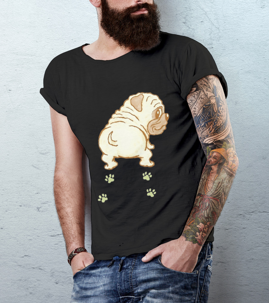 Pug Looking Back With Paw Prints Dog Cute Canine T-Shirt