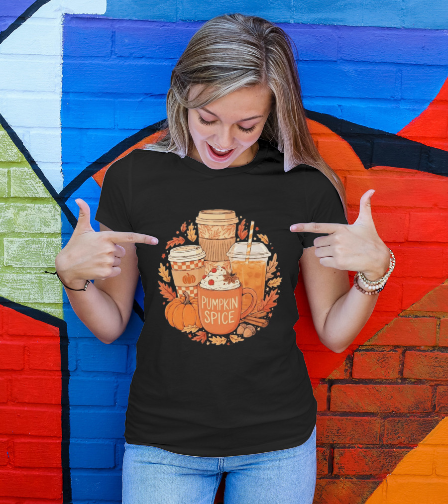Pumpkin Spice Fall Coffee Drinks Autumn Leaves Acorns Cinnamon Sticks T-Shirt