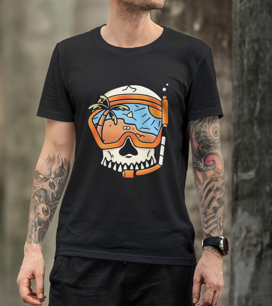 Skull Wearing Snorkel Mask With Tropical Beach Scene Palm Tree Sun T-Shirt