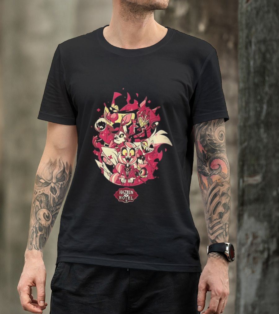 Hazbin Hotel Demon Characters Group Red Sparkles Cartoon Alastor Angel Dust Charlie Vaggie T-Shirt