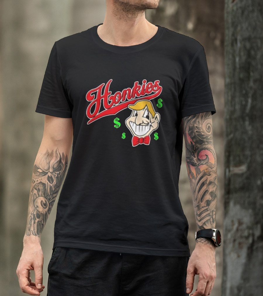 Honkies Red Script Cartoon Blond Man Dollar Signs T-Shirt