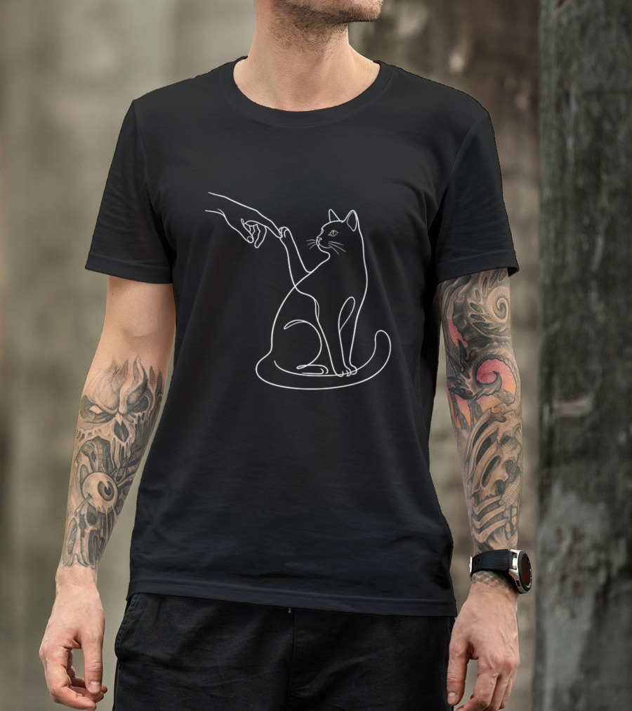 Human Hand Touching Cat Paw Line Minimalist T-Shirt