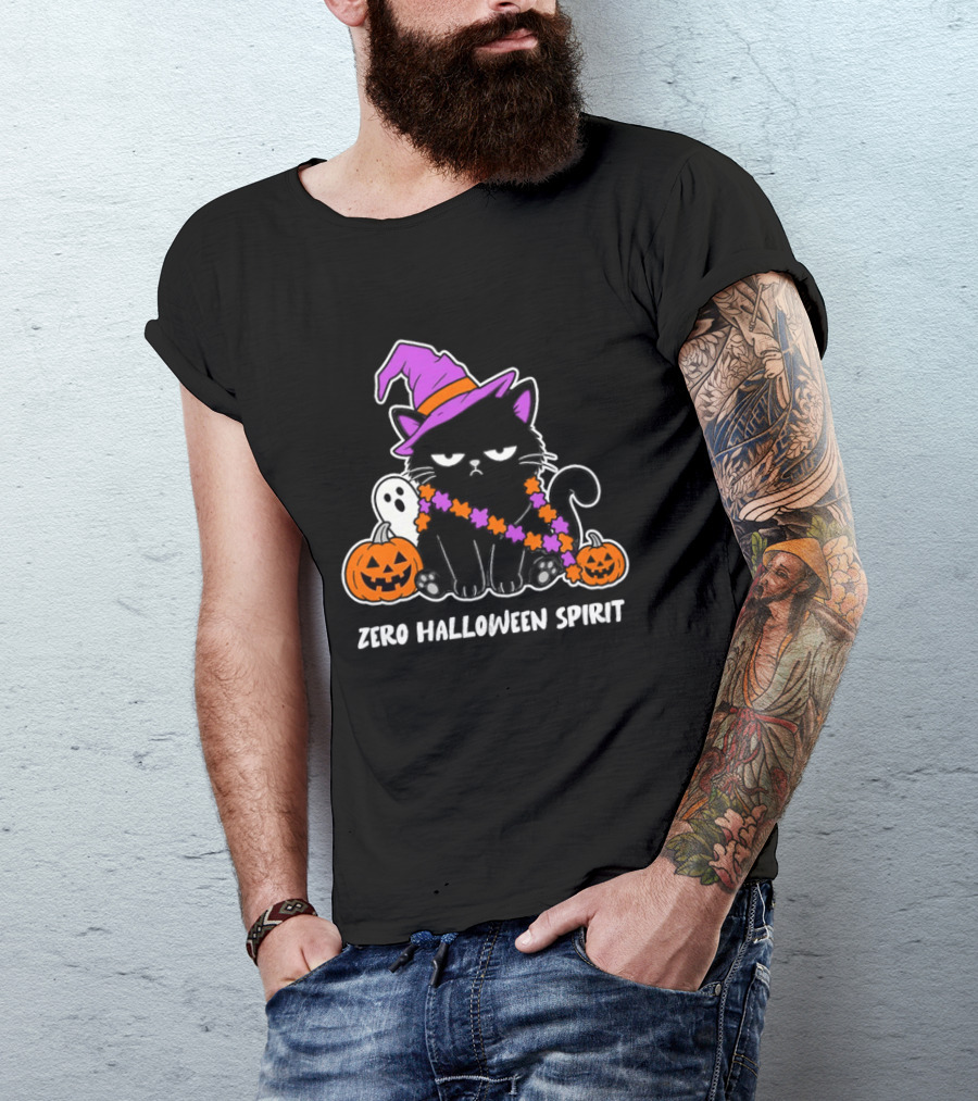Zero Halloween Spirit Grumpy Black Cat With Pumpkin Ghost And Hat T-Shirt