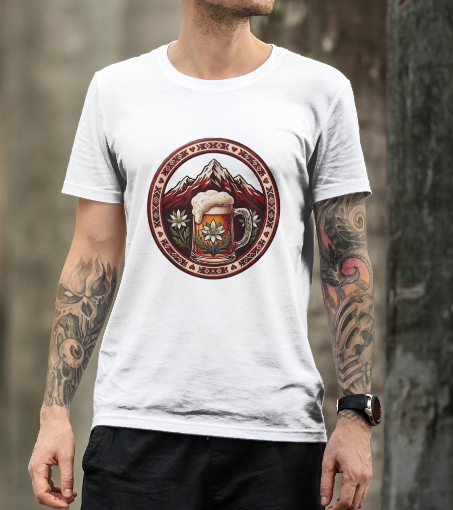 Alpine Beer Edelweiss Mountain Peaks Bavarian Heart Border T-Shirt