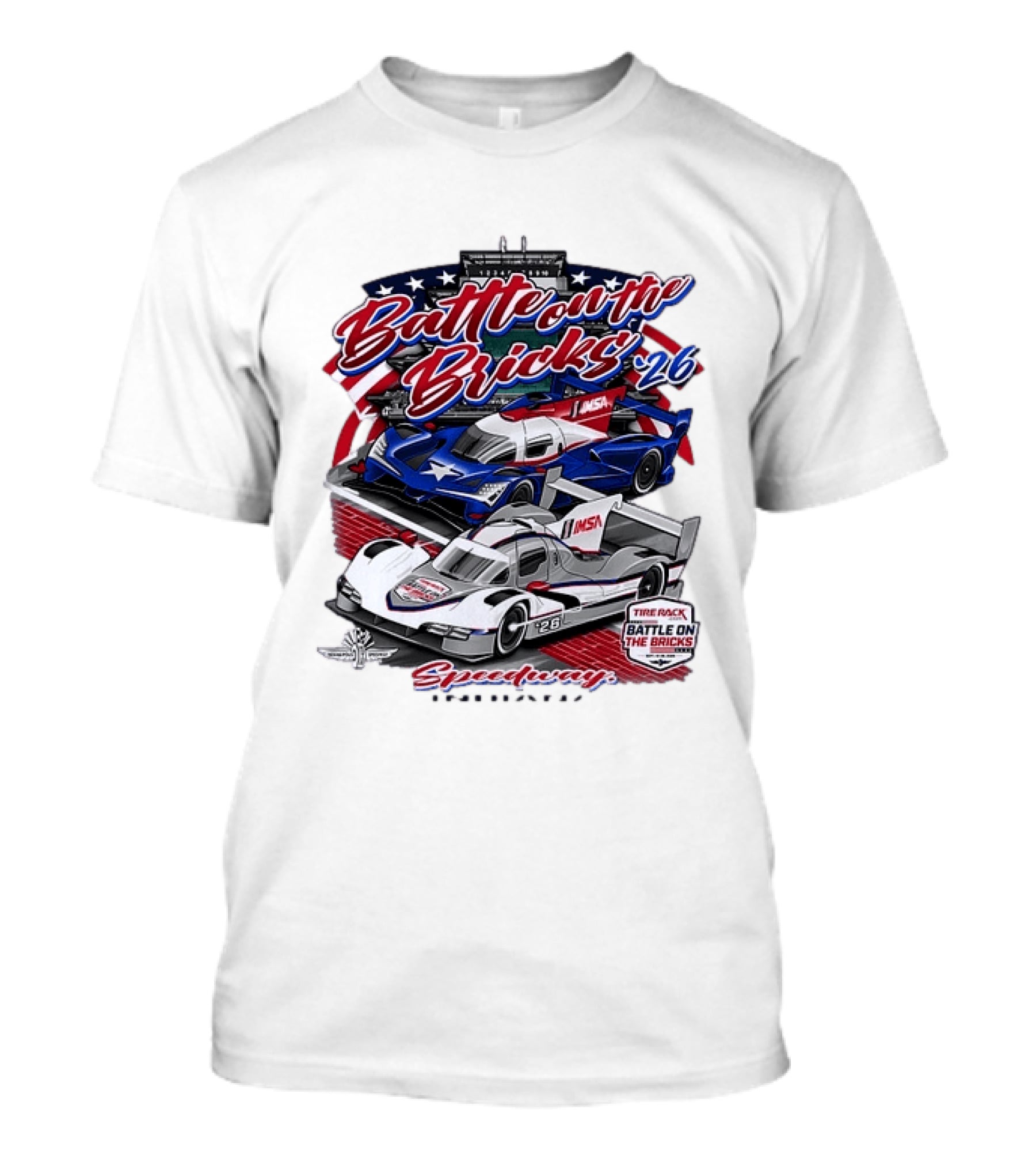 Battle On The Bricks '26 IMSA Indianapolis Motor Speedway Tire Rack Racing Cars T-Shirt